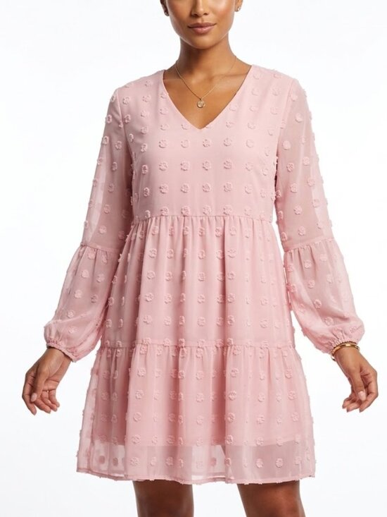 Belongsci Dresses & Skirts - BELONGSCI Pink Coquette Swiss Dot Tiered Mini Dress Bell Sleeve M
